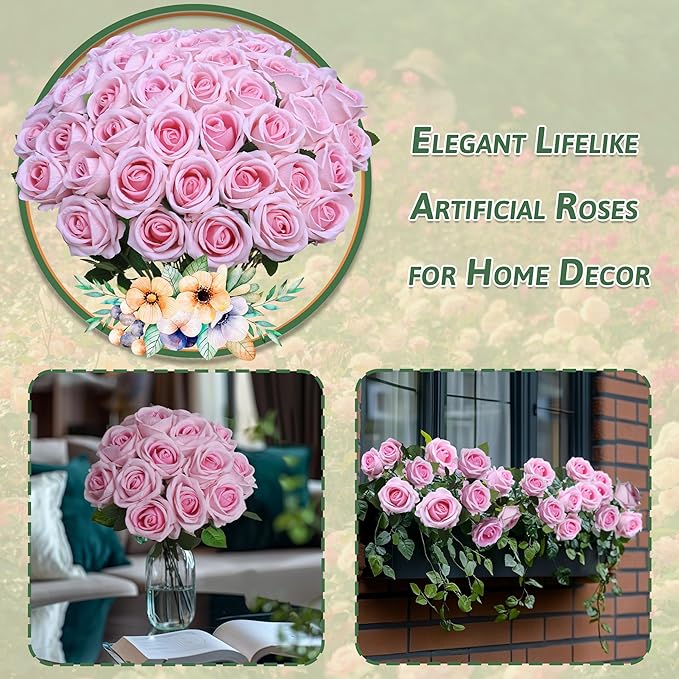 30 PCS Fake Pink Roses, Artificial Flowers Bulk Realistic Silk Faux Rose with Stems for Wedding Decoration Bridal Bouquet Birthday Celebrations DIY Floral Arrangement Home Decor