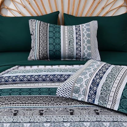 Cottolester Boho Comforter Set King Size,8 Pieces Emerald Green Bohemian Striped Bed in a Bag,Paisley Soft Microfiber Bedding Comforter Set
