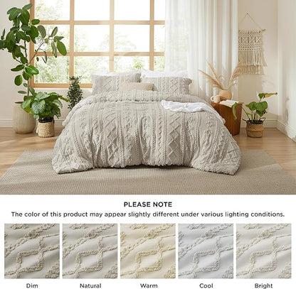 Bedsure Tufted Boho Comforter Set Oversized Queen - Linen Boho Bed Set, GentleSoft™ 3 Pieces Farmhouse Shabby Chic Embroidery Bedding, Gifts for Woman, Soft Jacquard Comforter for All Seasons