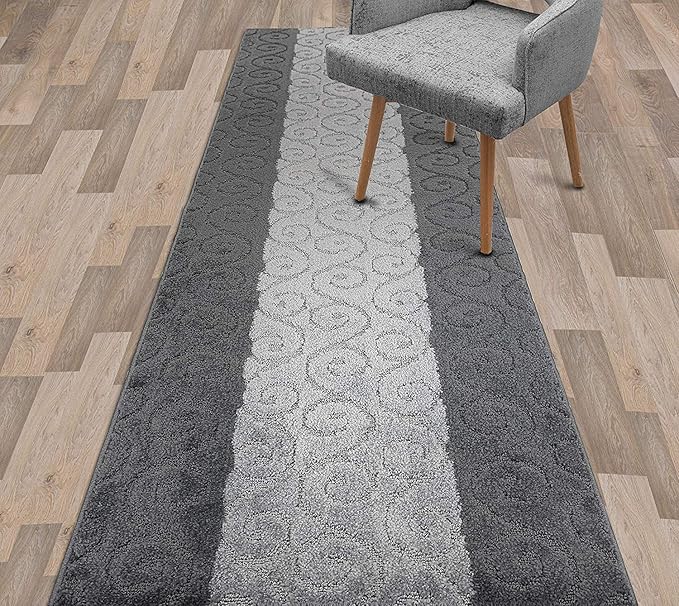 Custom Size Modern Runner Rug Carpet for Hallway Entryway Foyer Kitchen, Slip Resistant Latex Rubber Backed 31 inch Wide X Customized Length, Scroll Grey, 31 inch X 19 feet