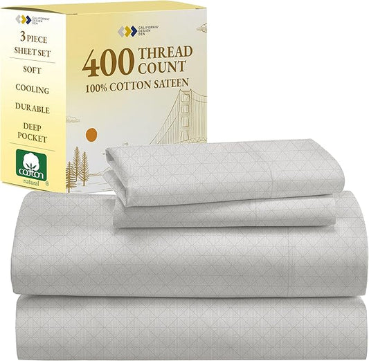 California Design Den Printed Twin XL Sheet Sets - 400 Thread Count, Natural 100% Cotton Sateen, Deep Pocket Extra Long Twin Sheets Set, Cooling and Durable Bedding Set - Taupish-Sage Crosshatch