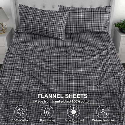 RUVANTI Flannel Sheets Full Size - 100% Cotton Double Brushed Bed Sheets Set, Deep Pockets 16 Inches, All Seasons Breathable & Extra Soft Full Sheets, Warm & Cozy, 4 Piece, Grey Plaid
