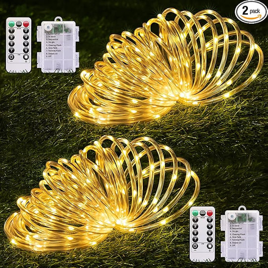 JMEXSUSS 2 Pack Battery Operated Rope Lights Warm White - Outdoor Waterproof, 200LED 66ft 8 Modes Battery Powered String Lights Outdoor with Remote for Camping Tent Trampoline Christmas Decorations
