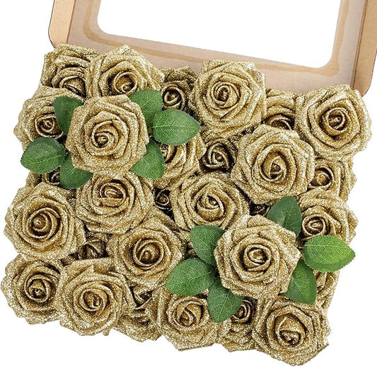 MACTING 30PCS Artificial Flowers Real Touch Foam Roses with Stem Fake Glitter Flowers for DIY Wedding Bouquet Table Centerpieces Party Holiday Wreath Home Spring Easter Mothers Day Decorations(Gold)
