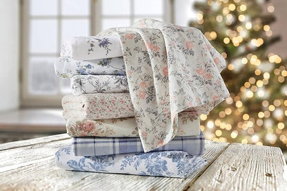 Laura Ashley - Flannel Sheets Queen Size, Anti-Pilling & Wrinkle Resistant Cotton, Touchably Soft for All-Season Comfort - Bed Sheets with Matching Pillowcases & Fitted Sheet (Mulholland Plaid Blue)