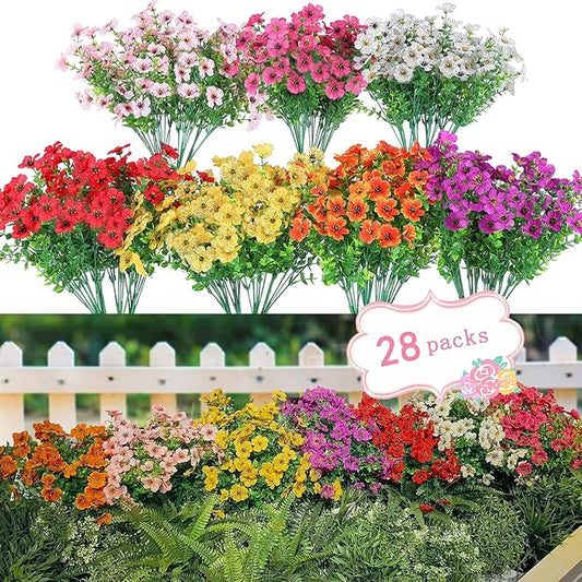 28 Bundles Silk Daisy Fake Plants Faux Flowers UV Resistant Fake Bushes Plastic Artificial Flowers Faux Outdoor Indoor Plants for Spring Summer Decoration (7 Colors)
