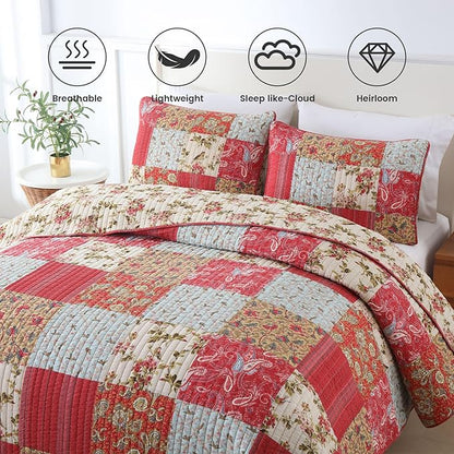 Secgo Queen Size Comforter Set- 100% Cotton Quilt Queen Size Set, Green, Sage bedspreads (90 * 96 Inch) with 2 Pillow Shams, Patchwork Reversible Lightweight Bedding