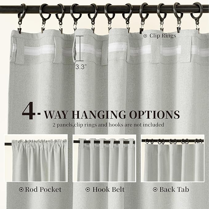 KangBang Extra Wide Linen Blackout Curtains 2 Panel Sets for Living Room Track System, Back Tab Loop Pocket Pleated Floor to Ceiling Drapes for Patio Door(72x96 Inch, Greyish White/Light Grey)