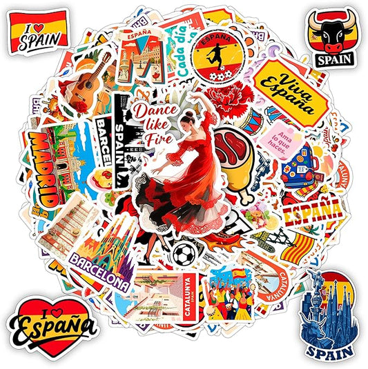 100 PCS Spain Travel Stickers Pack, España Vinyl Waterproof Stickers of Madrid Catalunya Landmarks Flamenco Food and Culture, 9 Sheets for Laptop Water Bottle Scrapbook