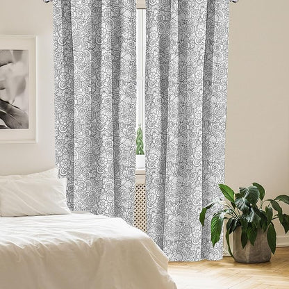 Ambesonne Black and White Window Curtains, Paisley Design with Sketch Style Flowers Leaves on Monochrome Background, Decor 2-Panel Set with Rod Pocket, Pair of - 28" x 84", White and Charcoal