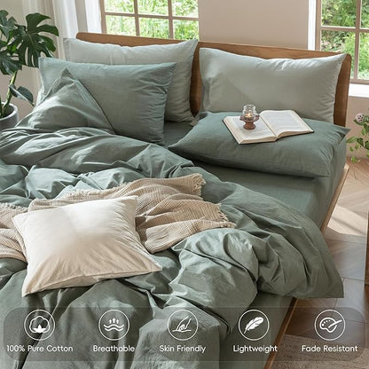 MooMee Bedding Duvet Cover Set 100% Washed Cotton Linen Like Textured Breathable Durable Soft Comfy (Heathered Green, Queen 90"x90")
