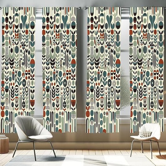 Ambesonne Leafy Art Window Curtains Pack of 2, Scandinavian Leaves Pattern with Geometric Roundy Modern Boho Print, Lightweight Set with Rod Pocket, 4 Panels of - 28" x 63", Pale Green Redwood Teal
