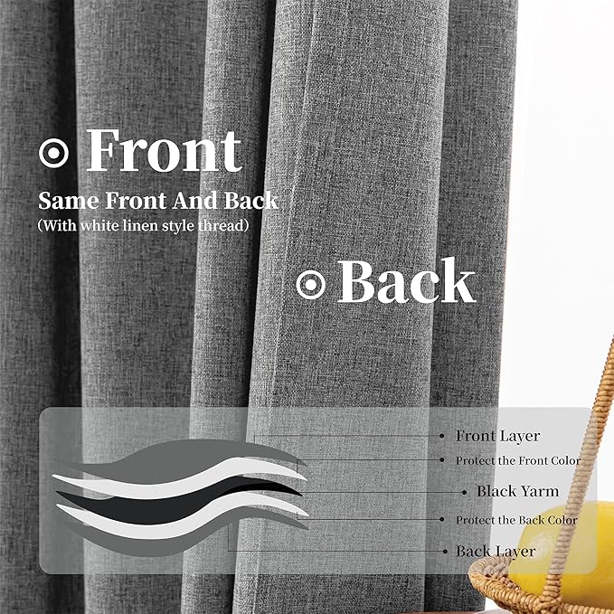 KangBang Grey Blackout Linen Curtains 108 Inches Long, Back Tab Rod Pocket Netural Black Out Curtains, Light Blocking Energy Saving Thick Linen Drapes for Sliding Glass Doors 72Wx108L, 2 Panels