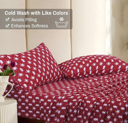 RUVANTI Flannel Sheets King Size - 100% Cotton Brushed King Size Sheets Set - Deep Pockets 16 Inches Bed Sheets - All Seasons Breathable & Extra Soft - Warm & Cozy, 4 Piece, Red Christmas