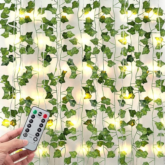 JACKYLED 84Ft 12 Pack Artificial Ivy Garland Fake Plants, Ivy Vines Leaves with CE Certified 80 LED String Lights, Hanging Ivy Lights for Bedroom Garden Party Wall Room Decor