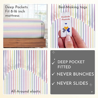 California Design Den Striped Queen Sheet Set - 400 Thread Count Sateen, Natural 100% Cotton Sheet Set Queen Size, Deep Pocket Cooling and Durable Bedding - Rainbow Striped