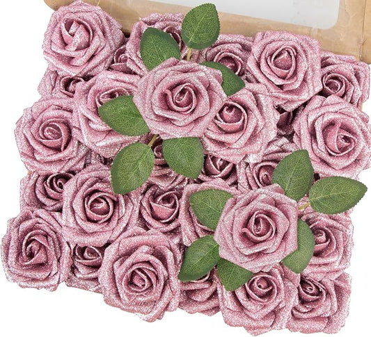 MACTING 30PCS Mothers Day Pink Artificial Flowers Glitter Fake Flowers with Stem Real Touch Foam Roses for DIY Wedding Bouquet Table Centerpieces Party Wreath Home Spring Decorations