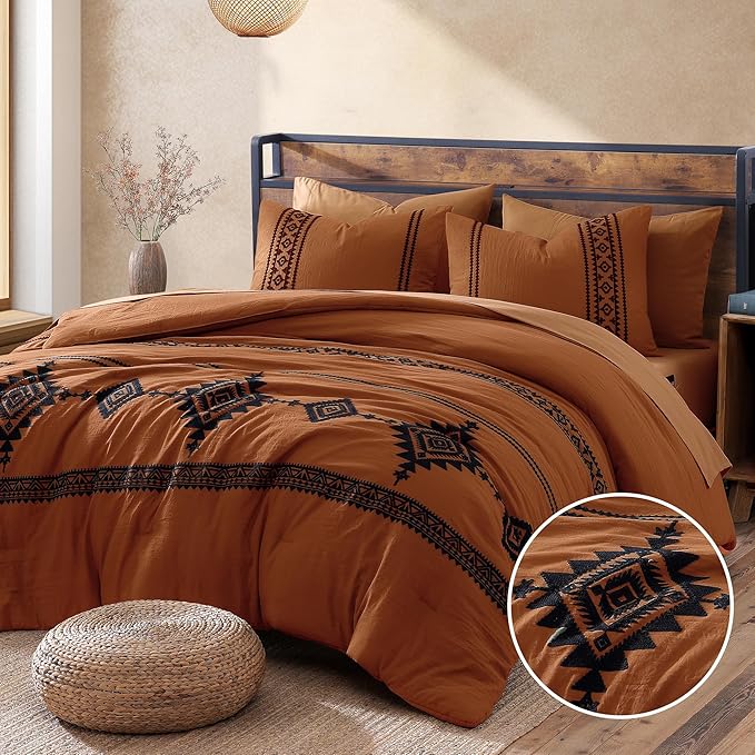 MaiRêve Burnt Orange Embroidery Comforters Set Queen Size - 7 Pieces, Farmhouse Western Bedding All Season, Bed in A Bag Queen Boho Comforter Set with Sheets, Pillowcases & Shams