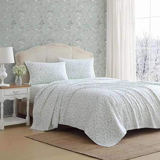 Laura Ashley - Flannel Sheets Twin Size, Anti-Pilling & Wrinkle Resistant Cotton, Touchably Soft for All-Season Comfort - Bed Sheets with Matching Pillowcase & Fitted Sheet (Brinna Green)