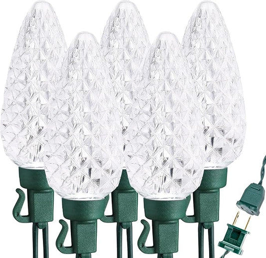 Brizled C9 Christmas Lights Cool White 16FT 25 LED 120V UL Certified Faceted Outdoor Christmas String Lights Connectable Xmas Tree Light for Tree, Holiday, House, Roof Decor