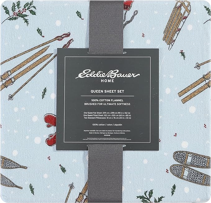 Eddie Bauer - King Sheets, Cotton Flannel Bedding Set, Brushed For Extra Softness, Cozy Home Decor (Snow Days, King)