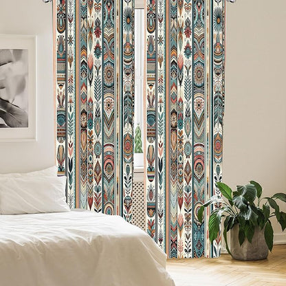 Ambesonne Ethnic Curtains, Folkloric Style Floral Ornaments with Bohemian Oriental Motifs as Stripes, Window Treatments 2 Panel Set for Living Room Bedroom, Pair of - 28" x 95", Teal Coral and Orange