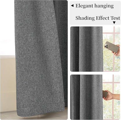 KangBang Grey Blackout Linen Curtains 108 Inches Long 2 Panels, Black Out Room Darkening Curtains Soft Thick Linen Back Tab Loop Pocket Pleated Neutral Drapes for Living Room,9FT, 52Wx108L, Frost Gray