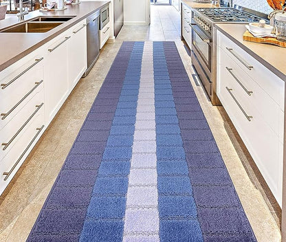 Custom Size Coastal Nautical Style Runner Rug Carpet for Hallway Entryway, Slip Resistant Latex Rubber Backed, 31 inch Wide X Customized Length, Squares Blue, 31 inch X 11 feet