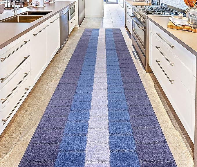 Custom Size Coastal Nautical Style Runner Rug Carpet for Hallway Entryway, Slip Resistant Latex Rubber Backed, 31 inch Wide X Customized Length, Squares Blue, 31 inch X 22 feet
