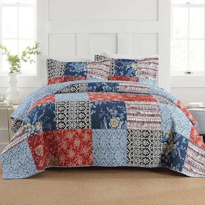 Secgo Queen Comforter Set for Bed - 100% Cotton Quilts Queen Size, Black Bedspreads (90 * 98 Inch) with 2 Pillow Shams, Patchwork Reversible Lightweight Bedding