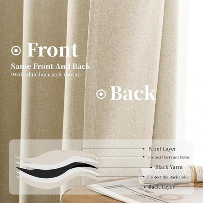 KangBang Latte Beige Blackout Curtains 102 Inches Long, Thermal Insulated Light Blocking Back Tab Pleated Curtains for Living Room, Soft Linen Textured Farmhouse Boho Curtains 2 Panels, 52x102 Inch