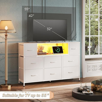 WLIVE White TV Stand for 45, 50, 55 inch TV, Entertainment Center with LED Lights & Charging Station, TV Media Console Table with 8 Fabric Drawers and Open Shelves for Living Room, Hallway, Wood Top