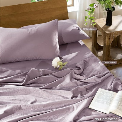 MooMee Bedding Duvet Cover Set 100% Washed Cotton Linen Like Textured Breathable Durable Soft Comfy (Solid Taro Purple, Super King Plus 120"x120")