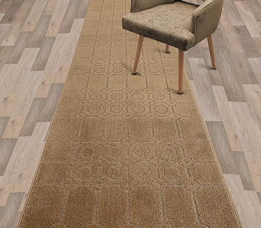 Custom Size Modern Abstract Floor Carpet Runner Rug for Hallways, Slip Resistant Latex Rubber Backed, 31 inch Wide X Customized Length, Art Gold Tan, 31 inch X 13 feet