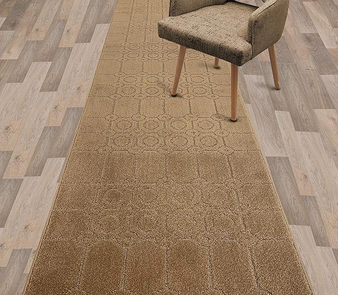 Custom Size Modern Abstract Floor Carpet Runner Rug for Hallways, Slip Resistant Latex Rubber Backed, 31 inch Wide X Customized Length, Art Gold Tan, 31 inch X 25 feet
