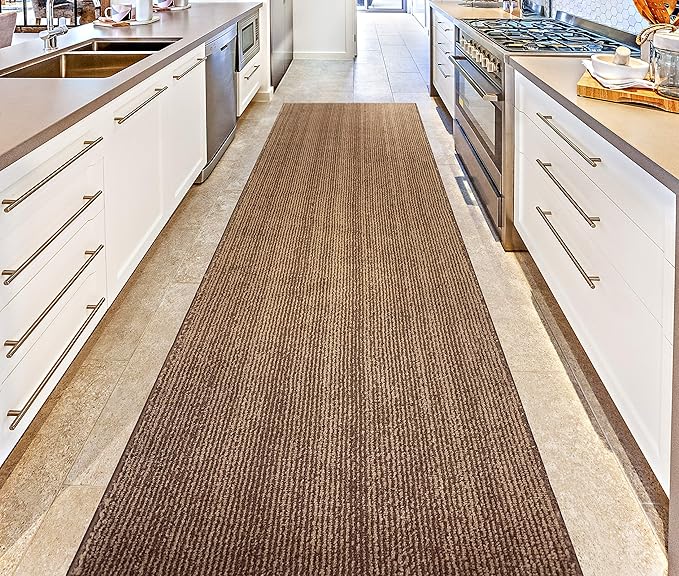 Custom Length Cut to Size Wide Width Carpet Runner Rug for Hallways, Slip Resistant Latex Rubber Backed, 31 inch Wide X Customized Length, Stripe Brown, 31 inch X 13 feet