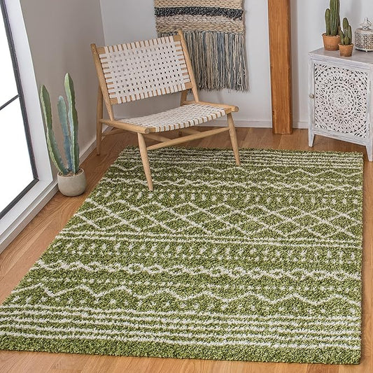 SAFAVIEH Arizona Shag Collection Accent Rug - 3'2" x 5', Green & Ivory, Moroccan Design, Non-Shedding & Easy Care, 1.6-inch Thick Ideal for High Traffic Areas in Foyer, Living Room, Bedroom (ASG741X)