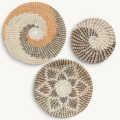 Set of 3 Round Wicker Wall Baskets, Brown, 13.78 in Flat, 11.8 in Deep, 10 in Flat