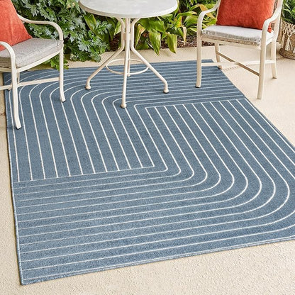 Eyely NCS101D-3 Odense High-Low Minimalist Angle Geometric Dark Blue/Cream 3 ft. x 5 ft. Indoor/Outdoor Area Rug, for Home, Backyard, Patio, Porch, Bedroom, Kitchen, Living Room