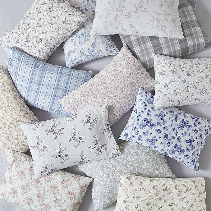 Laura Ashley - Flannel Sheets King Size, Anti-Pilling & Wrinkle Resistant Cotton, Touchably Soft for All-Season Comfort - Bed Sheets with Matching PIllowcasess & Fitted Sheet (Fawna Grey)