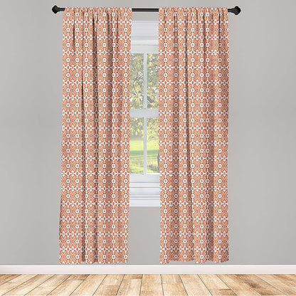 Ambesonne Scandinavian Window Curtains Pack of 2, Flower Like Motifs Folk Art in Tangerine Tones, Lightweight Set with Rod Pocket, 4 Panels of - 28" x 95", Sienna Sky