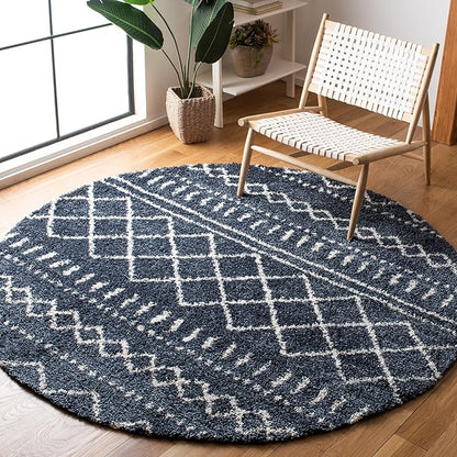 SAFAVIEH Arizona Shag Collection Area Rug - 6'7" Round, Slate Blue & Ivory, Moroccan Design, Non-Shedding & Easy Care, 1.6-inch Thick Ideal for High Traffic Areas in Living Room, Bedroom (ASG741L)