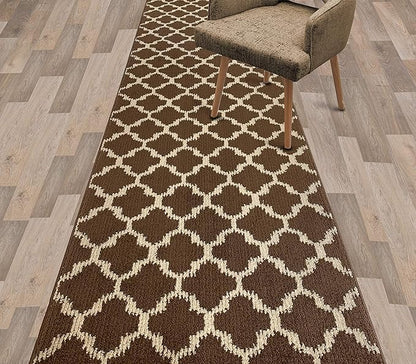 Custom Size Cut to Length Moroccan Trellis Design Runner Rug Mat For Wide Long Hallways with Non-Slip Rubber Backing, Better Traction for Pets, Prevent Slippage, Trellis Brown, 31 inch X 10 feet