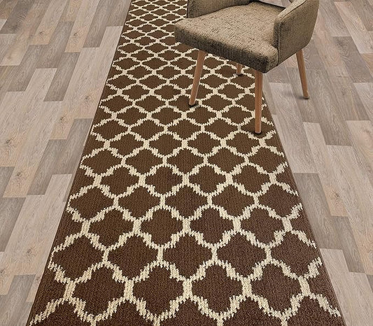 Custom Size Cut to Length Moroccan Trellis Design Runner Rug Mat For Wide Long Hallways with Non-Slip Rubber Backing, Better Traction for Pets, Prevent Slippage, Trellis Brown, 31 inch X 6 feet