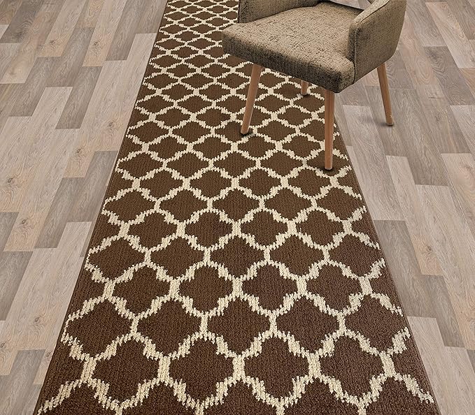 Custom Size Cut to Length Moroccan Trellis Design Runner Rug Mat For Wide Long Hallways with Non-Slip Rubber Backing, Better Traction for Pets, Prevent Slippage, Trellis Brown, 31 inch X 8 feet
