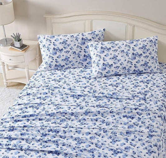 Laura Ashley - Flannel Sheets King Size, Anti-Pilling & Wrinkle Resistant Cotton, Touchably Soft for All-Season Comfort - Bed Sheets with Matching Pillowcases & Fitted Sheet (Emelisa Blue)