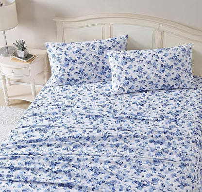 Laura Ashley - Flannel Sheets Queen Size, Anti-Pilling & Wrinkle Resistant Cotton, Touchably Soft for All-Season Comfort - Bed Sheets with Matching Pillowcases & Fitted Sheet (Emelisa Blue)