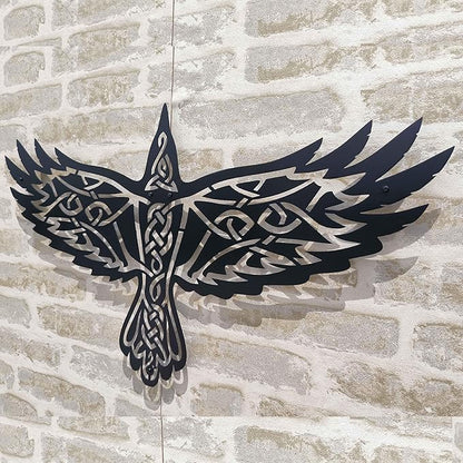 KAWA METALWORKS Nordic Viking Raven Metal Wall Art Decor, Norse Mythology Sculpture, Odin's Raven Wall Decor (Gold, Small - 10.2" x 18" H x W)
