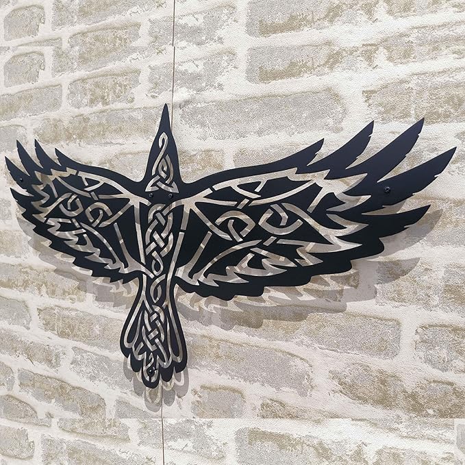 KAWA METALWORKS Nordic Raven Metal Viking Wall Art Decor, Norse Mythology Wall Sculpture (Black, Large - 20.4" x 36" (H x W))