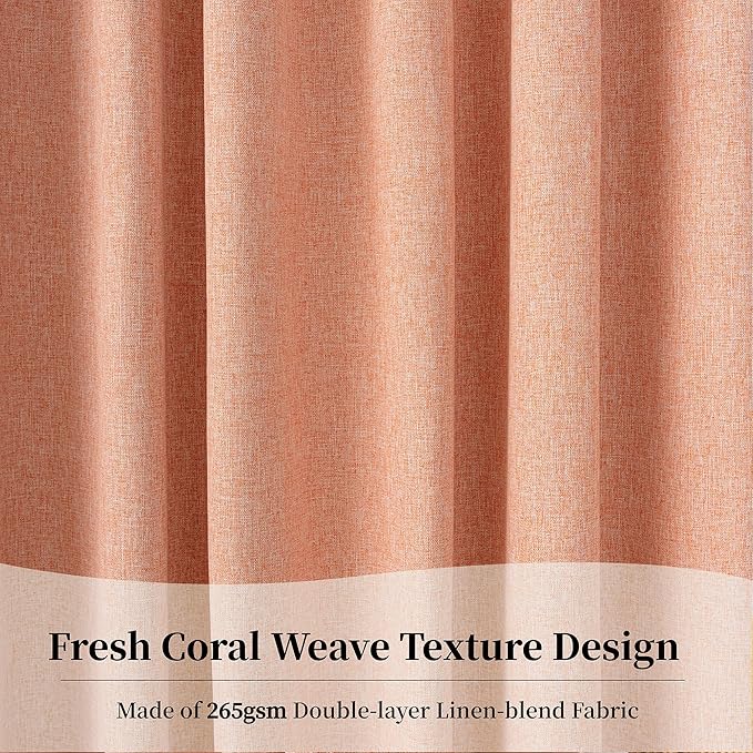 KangBang Light Coral Blackout Linen Curtains 96 Inches Long for Living Room Girls Nursery, Back Tab Hook Belt Rod Pocket Black Out Light Blocking Drapes, Farmhouse Curtains with Clip Rings, Salmon